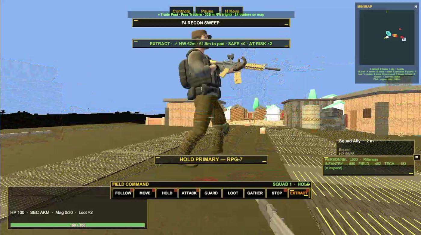 A soldier advancing with a rifle through a town