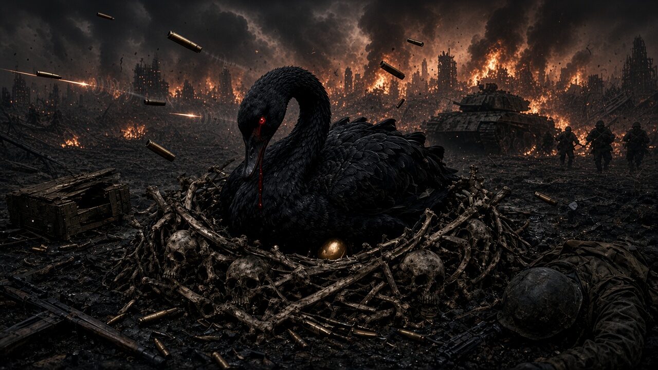 A jet-black swan with a red eye and a tear of blood sits on a faint gold egg in a nest of bones and skulls, on a battlefield of spent casings, soldiers and a burning tank, with a destroyed city burning on the horizon