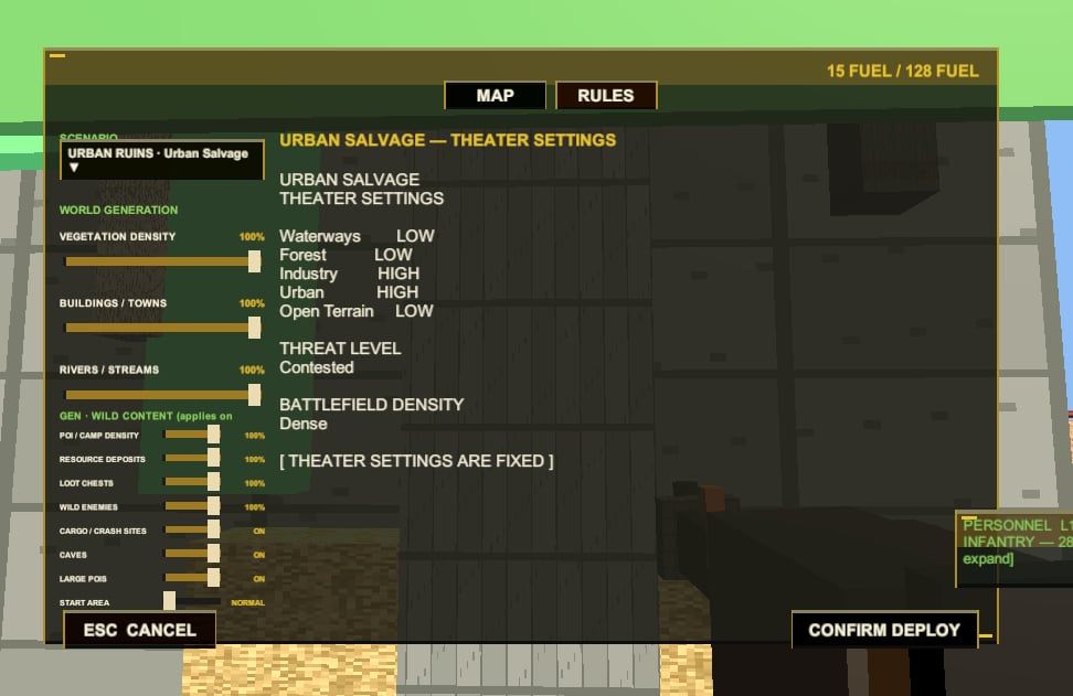 Deploy screen showing the Urban Salvage theater settings
