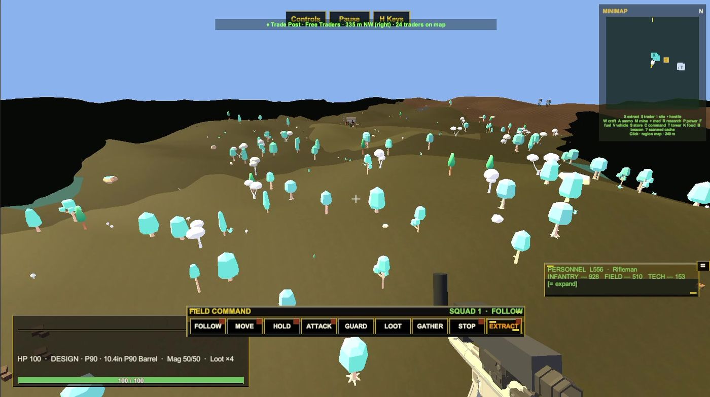 Procedural hills dotted with cyan crystals